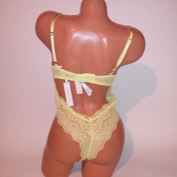 Victoria Secret Lingerie Teddy One Piece Bodysuit Yellow Wicked Lace Fairy Cotta - Picture 15 of 16